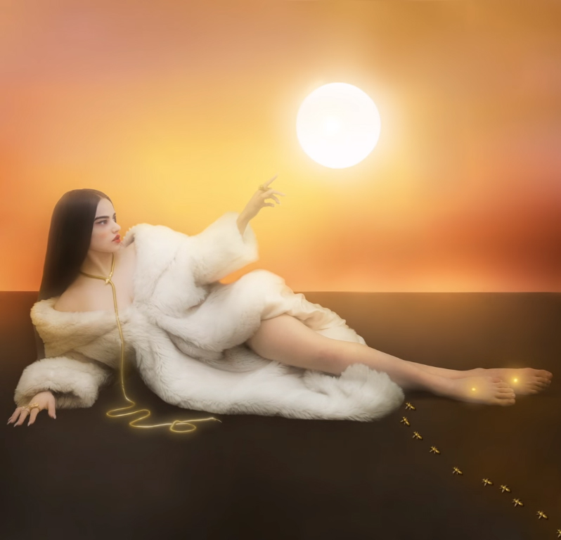 Rosalia laying in a white coat reaching towards an orb of light